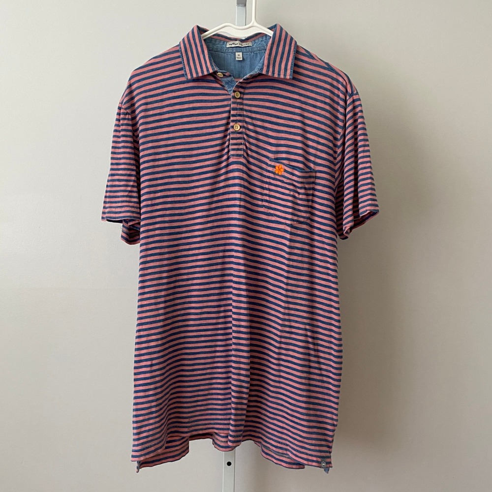 Peter Millar Medium Pink Blue Striped Polo Shirt Short Sleeve Cotton Golf Tee